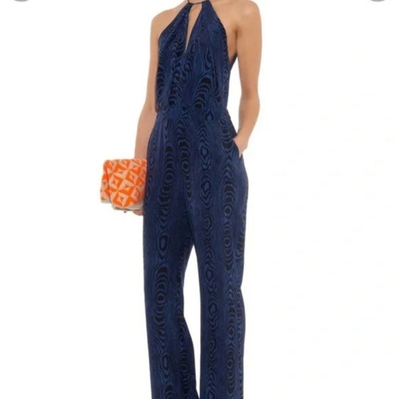 Diane Von Furstenberg Silk Blue Black Silk Swirl Tie V-neck Jumpsuit Size 6 - Picture 2 of 16